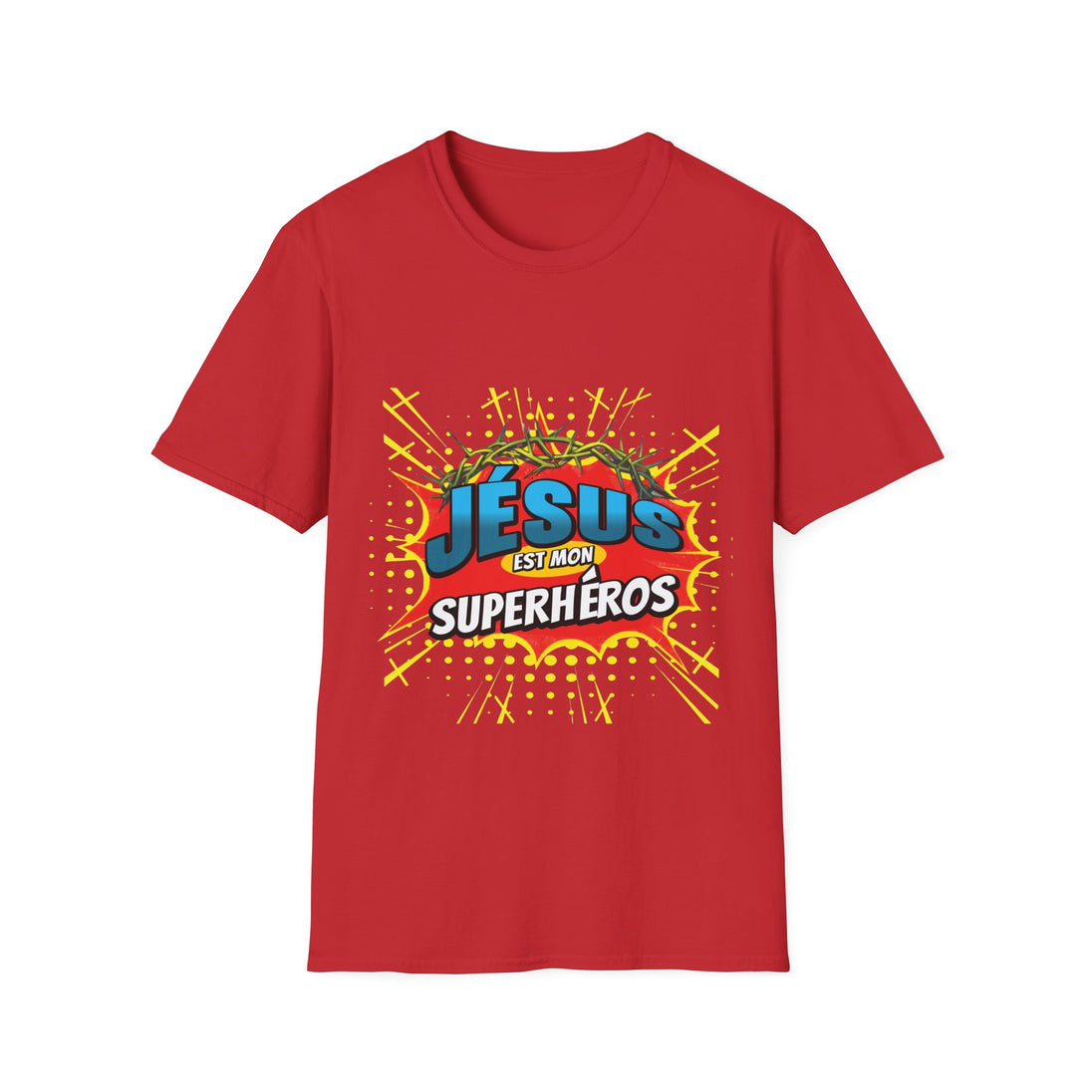 T-shirt rouge pour homme avec une illustration style bande dessinée Jésus est mon superhéros.