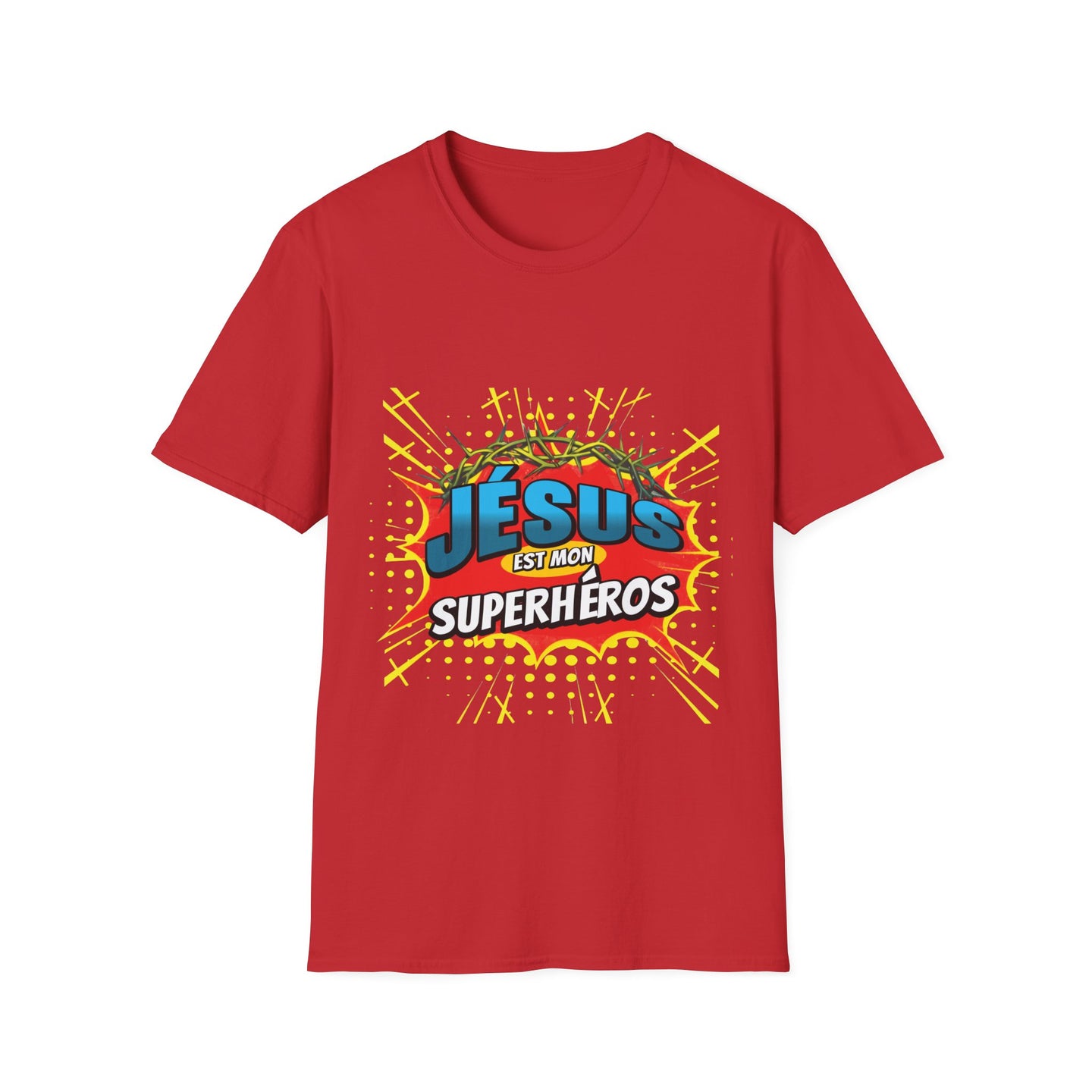 T-shirt rouge pour homme avec une illustration style bande dessinée Jésus est mon superhéros.
