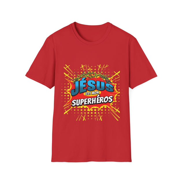 T-shirt rouge pour homme avec une illustration style bande dessinée Jésus est mon superhéros.