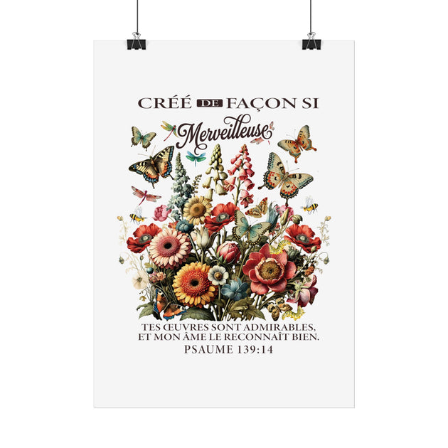 Affiche murale illustrée de fleurs et papillons avec le texte biblique du Psaume 139:14.