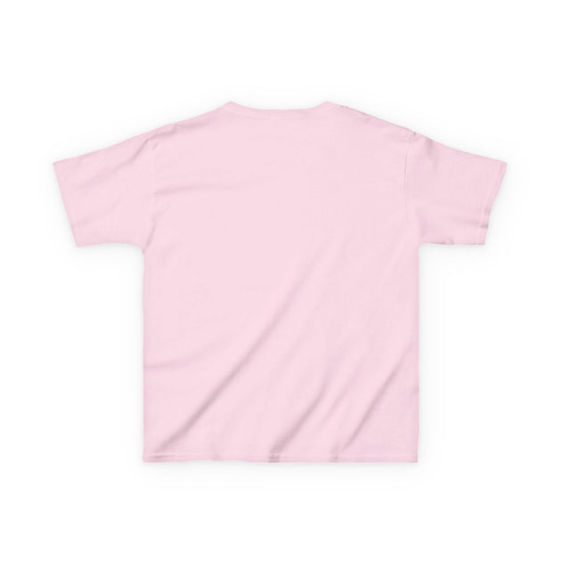 Dos d'un t-shirt rose pâle en coton pour enfant, coupe classique et col rond.