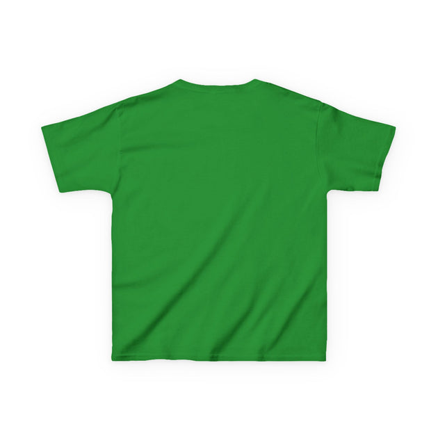 T-shirt pour enfant de couleur vert uni, présenté de dos.