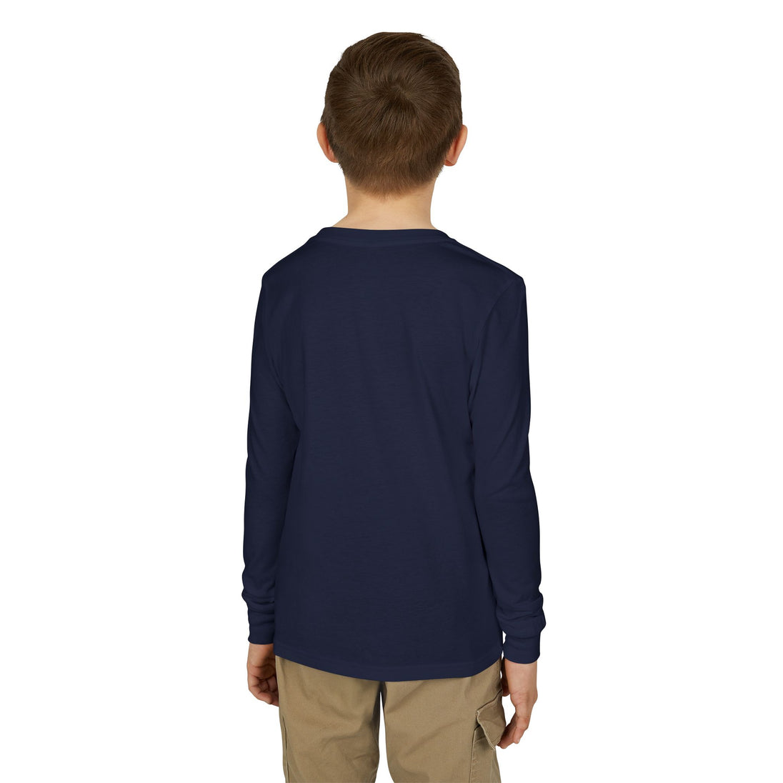 Vue de dos d'un enfant portant un t-shirt bleu marine à manches longues.