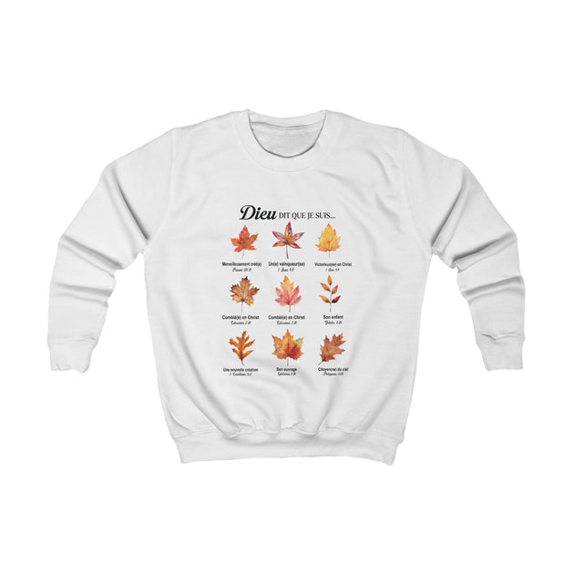 Sweatshirt blanc pour enfant orné d'un motif de feuilles d'automne et de textes bibliques.