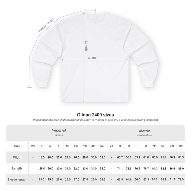 Tableau des tailles pour le t-shirt à manches longues Gildan 2400 avec mesures en pouces et cm.