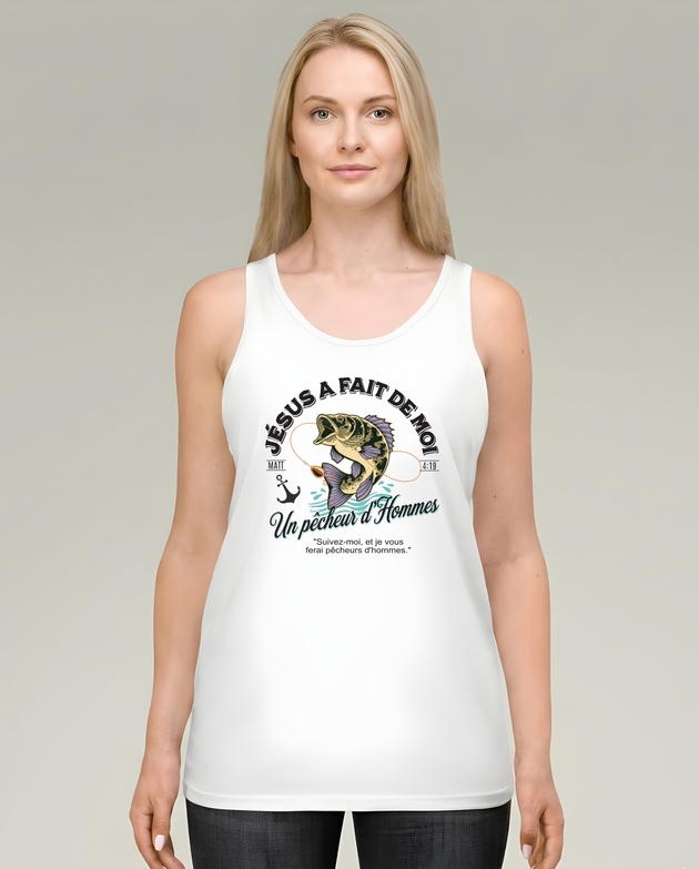 Débardeur blanc femme avec graphique de pêche vintage et texte biblique en français.
