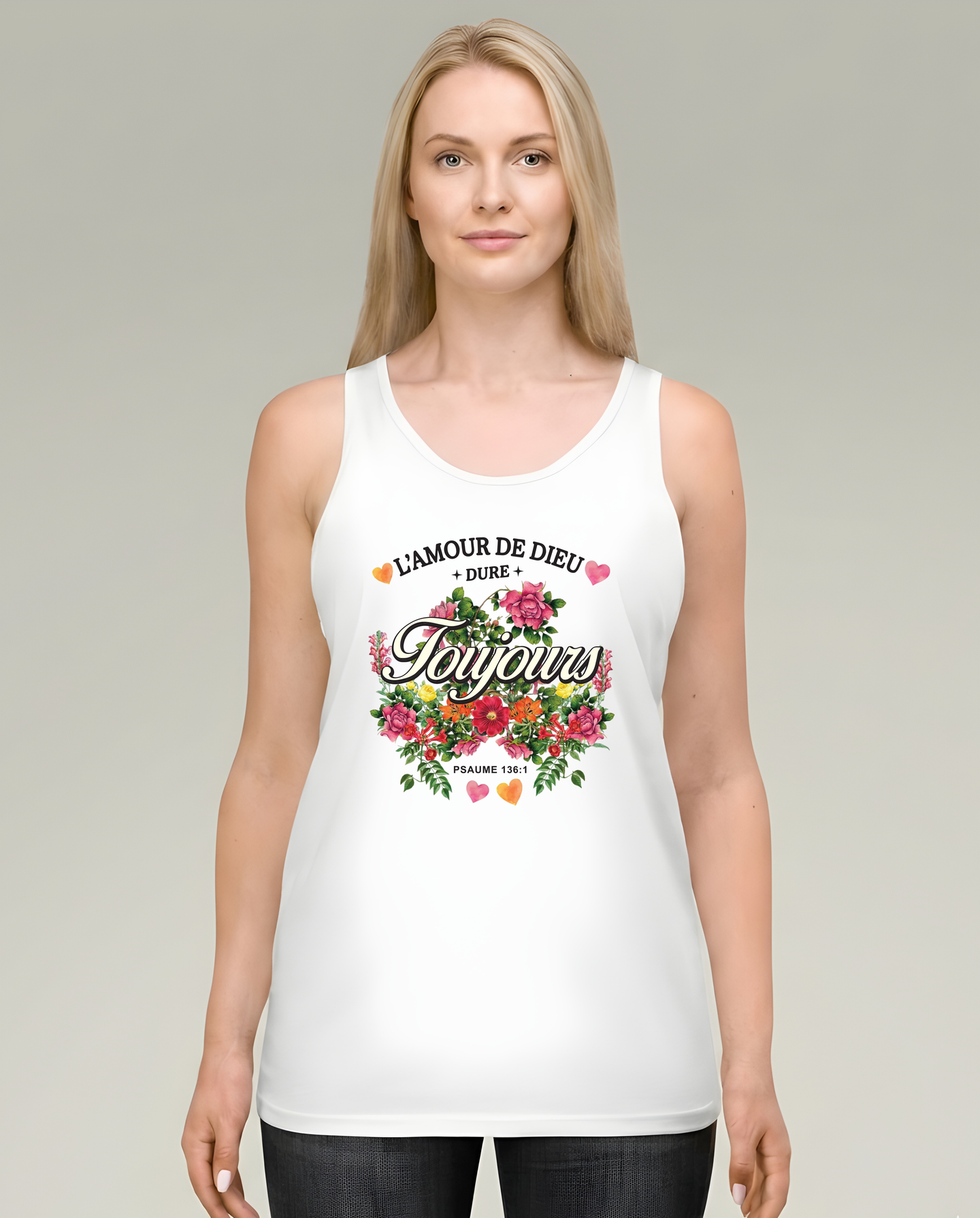 Débardeur blanc femme avec motif floral vintage et texte L'Amour de Dieu dure Toujours.