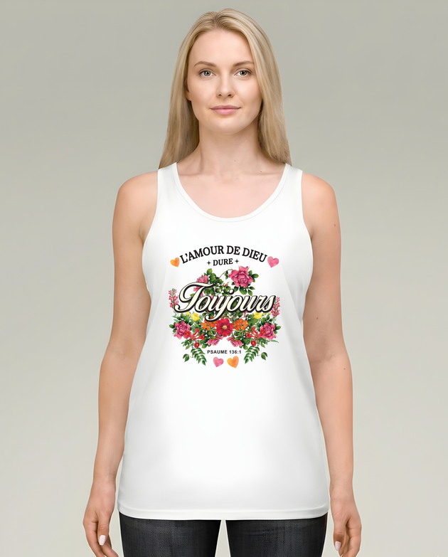Débardeur blanc femme avec motif floral vintage et texte L'Amour de Dieu dure Toujours.