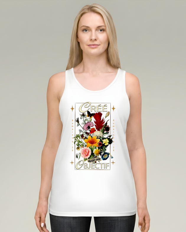 Débardeur blanc femme avec bouquet floral vintage et texte 'Créée avec un objectif'.