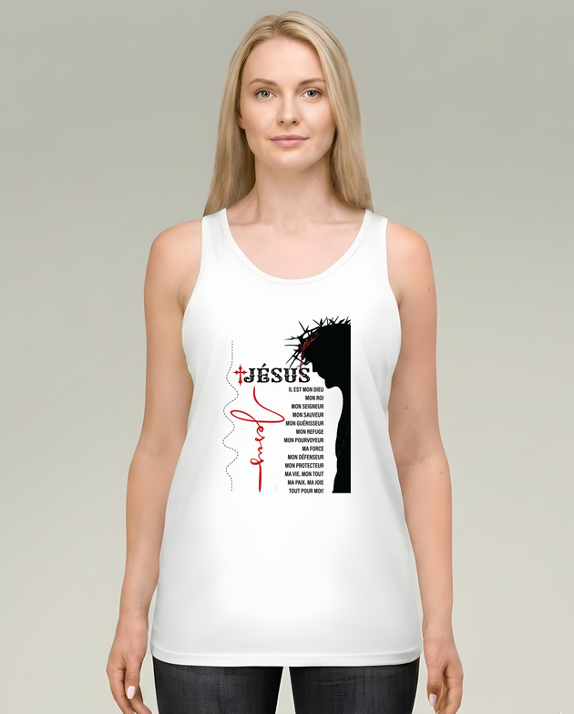 Débardeur blanc femme avec silhouette de Jésus et texte de foi en français.