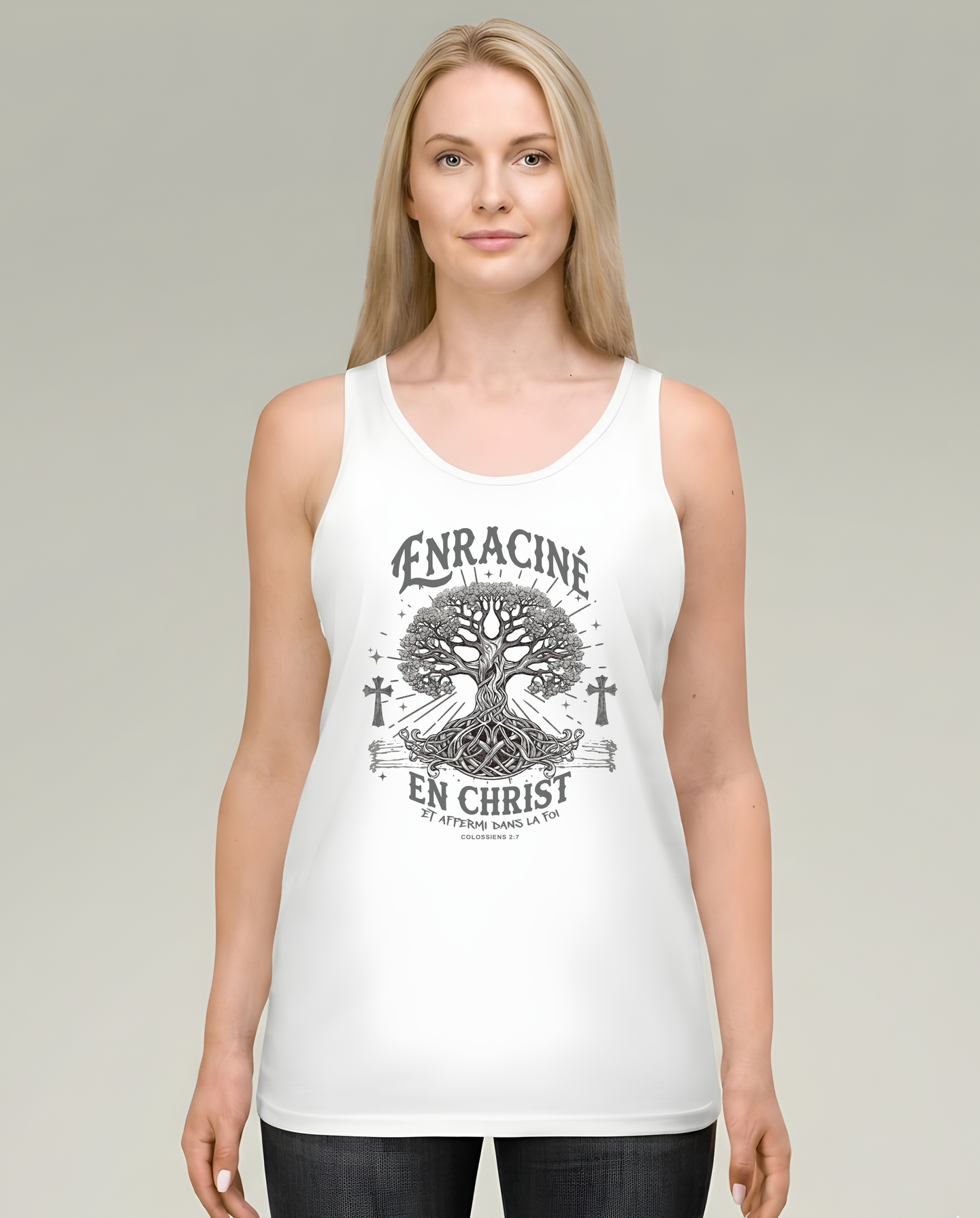 Débardeur blanc femme avec motif arbre enraciné et texte biblique Enraciné en Christ.
