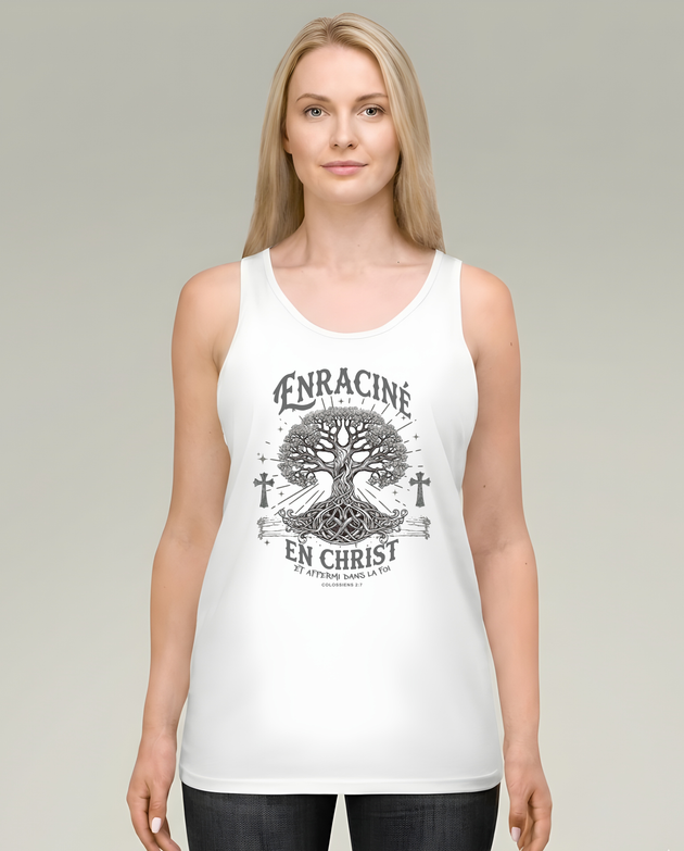 Débardeur blanc femme avec motif arbre enraciné et texte biblique Enraciné en Christ.