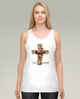 Débardeur blanc femme avec croix fleurie et texte "Tout est accompli", coupe ajustée.