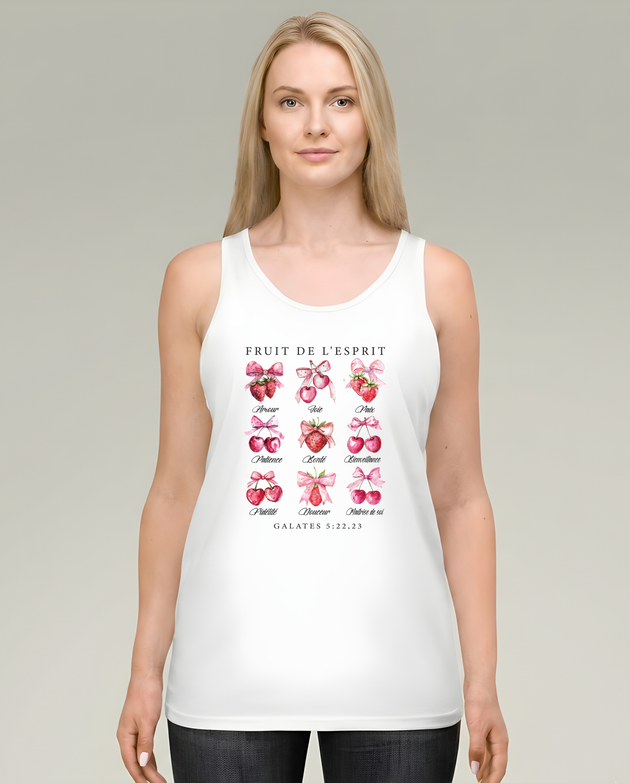 Débardeur blanc femme Fruit de l'Esprit avec illustrations de fraises et cerises vintage.