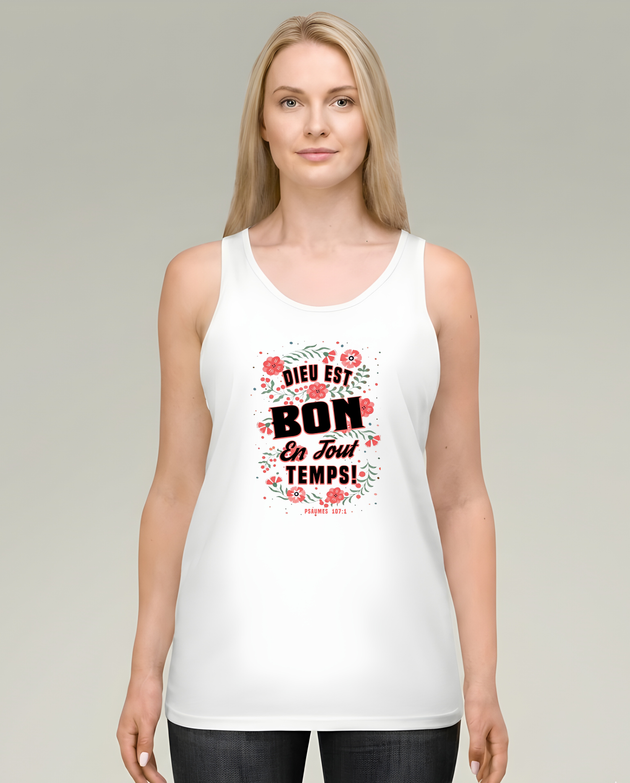 Débardeur blanc pour femme orné d'un motif floral et de l'inscription Dieu est bon en tout temps.