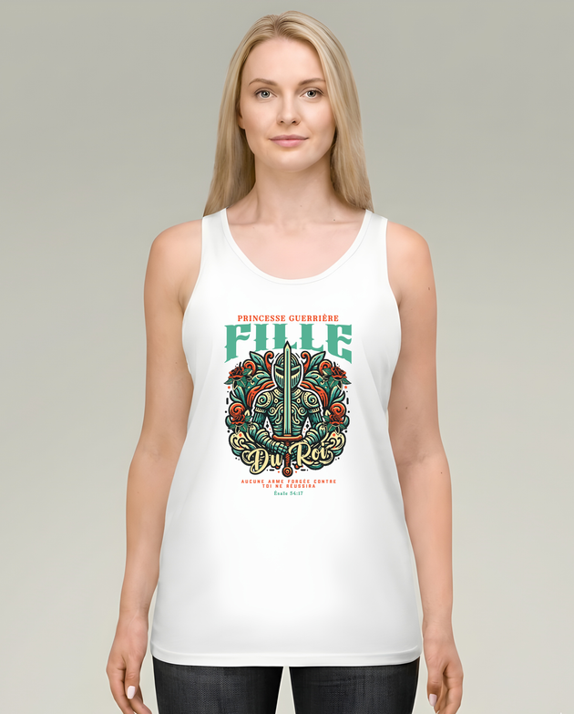 Débardeur blanc Fille du Roi avec armure et épée, style vintage pour femme chrétienne.