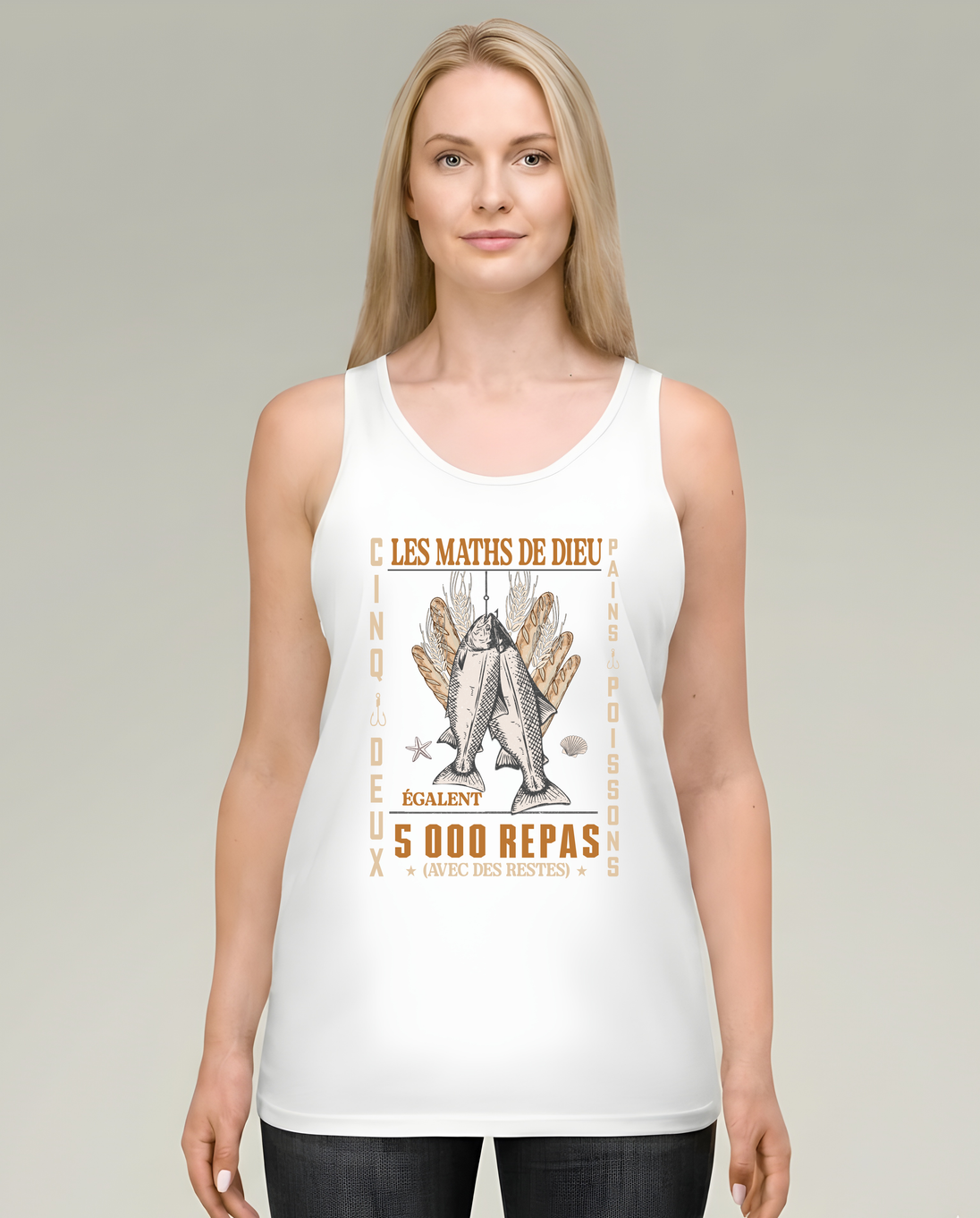 Débardeur blanc femme avec illustration vintage Les Maths de Dieu, poissons et pains.
