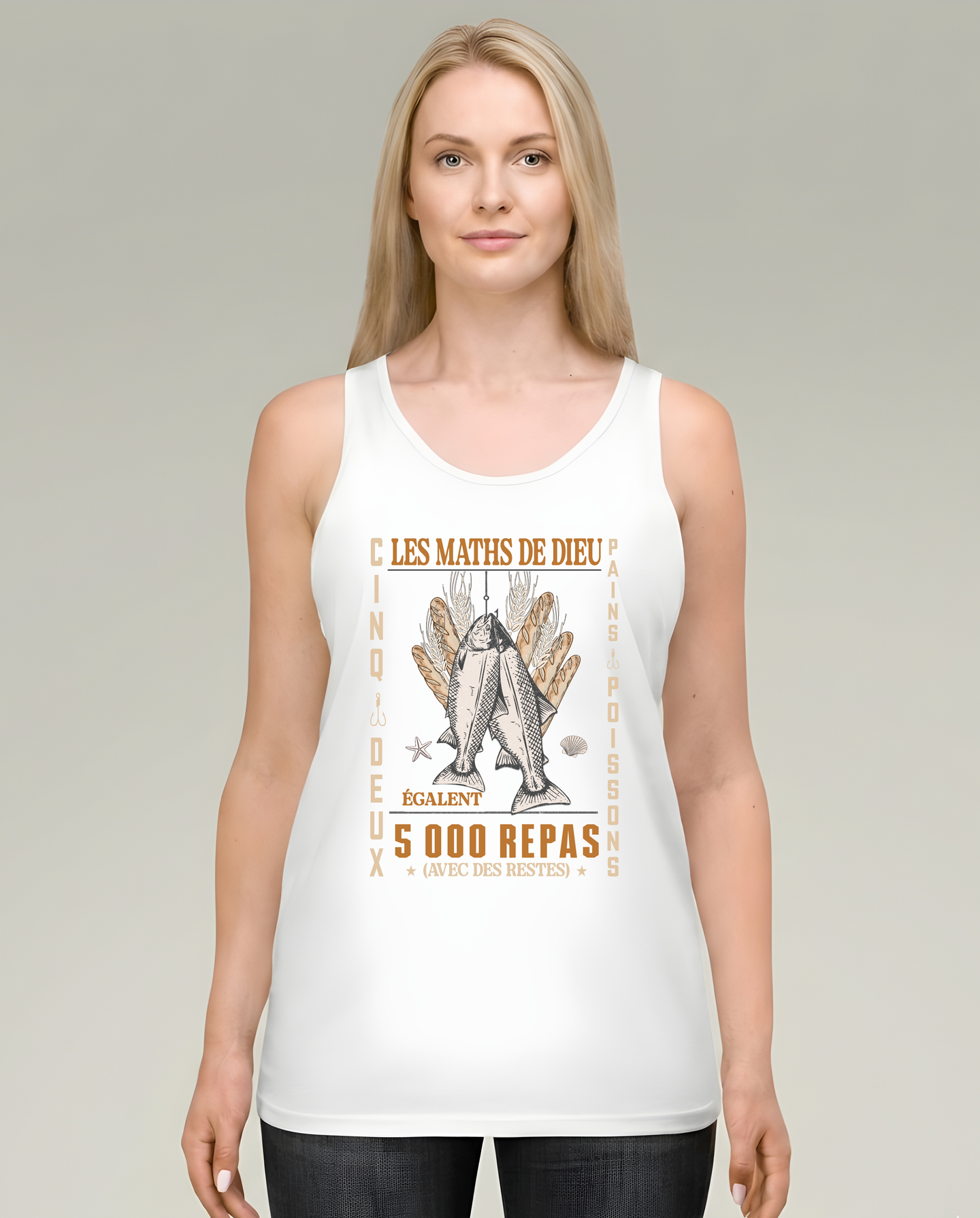 Débardeur blanc femme avec illustration vintage Les Maths de Dieu, poissons et pains.