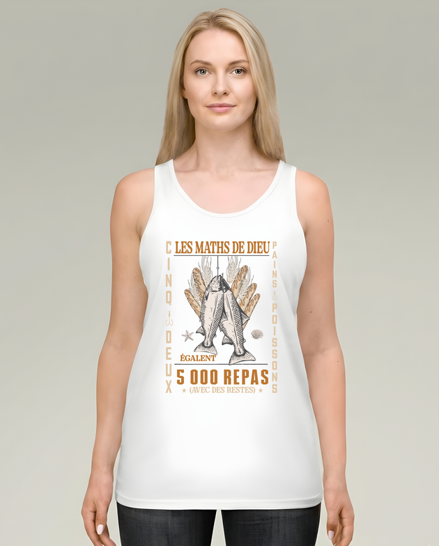 Débardeur blanc femme avec illustration vintage Les Maths de Dieu, poissons et pains.