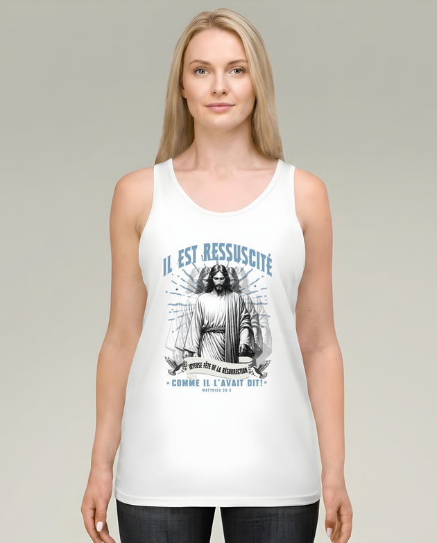 Débardeur blanc pour femme avec illustration vintage du Christ ressuscité et texte en français.