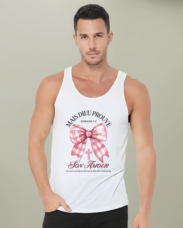 Débardeur blanc pour homme avec un motif de nœud rose, une croix et le texte Mais Dieu Prouve.