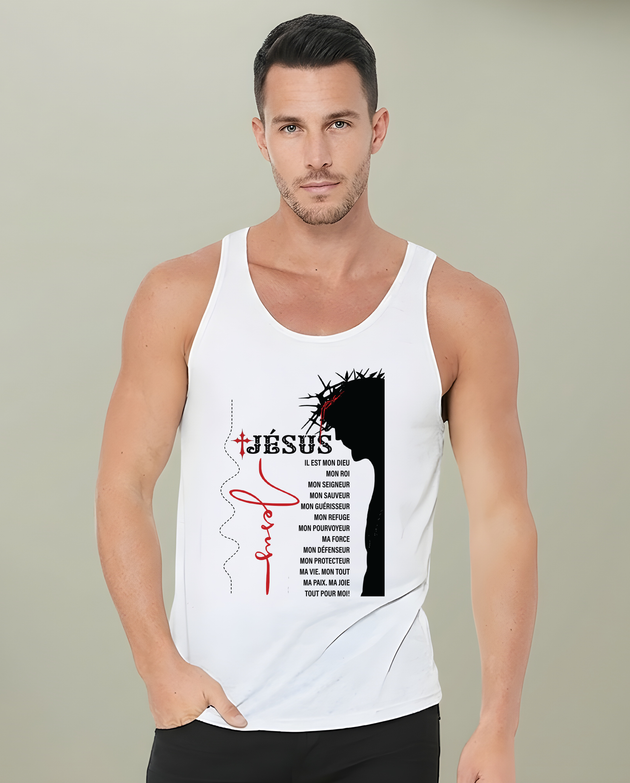 Débardeur blanc pour homme avec une illustration noire de Jésus et une liste de ses attributs.