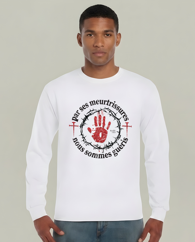 T-shirt blanc manches longues pour homme avec motif chrétien et texte en français.