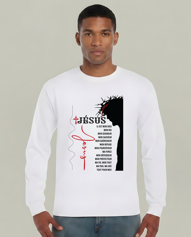 T-shirt blanc manches longues pour homme avec silhouette de Jésus et texte religieux en français.