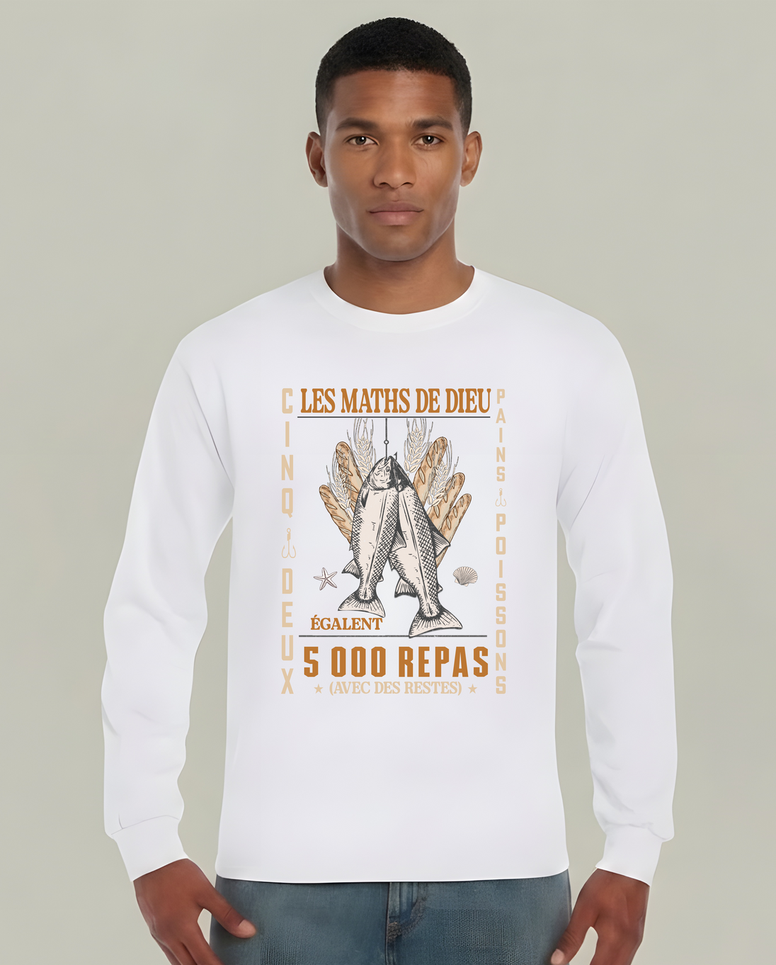 T-shirt blanc manches longues pour homme avec graphique vintage Les Maths de Dieu.