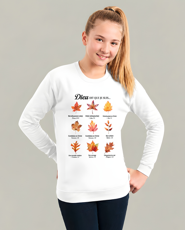 Sweat blanc enfant avec feuilles d'automne et versets bibliques en français.