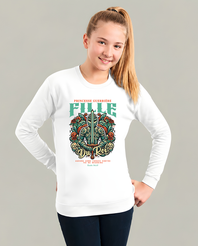 Sweatshirt blanc enfant Fille du Roi avec illustration de chevalier, épée et fleurs.
