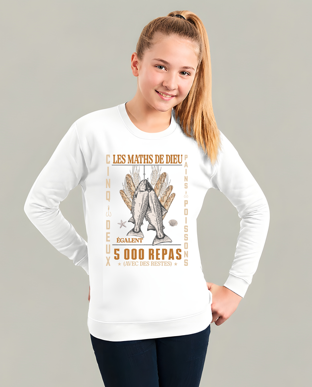 Sweat blanc enfant avec motif vintage Les Maths de Dieu, poissons et pains.