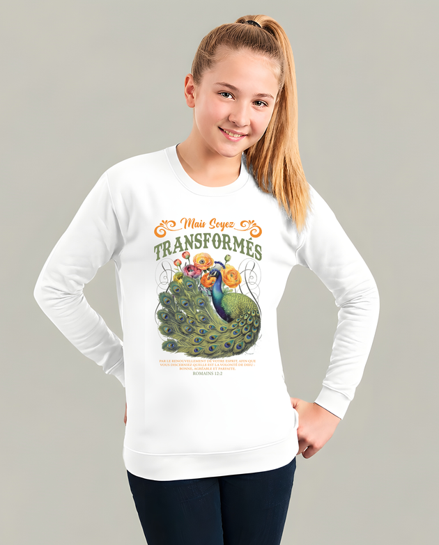 Sweat blanc enfant avec paon coloré et texte biblique Mais Soyez Transformés, Romains 12:2.