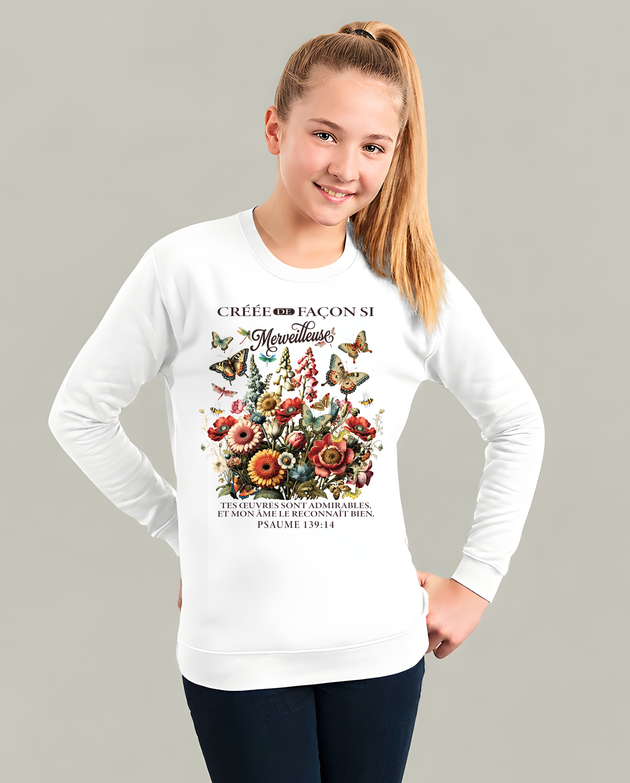 Sweat blanc enfant avec bouquet de fleurs vintage, papillons et verset biblique Psaume 139:14.