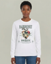 T-shirt blanc à manches longues avec graphique floral et texte Magnifiquement Brisée.