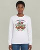 T-shirt blanc manches longues femme avec motif floral et texte L'amour de Dieu dure toujours.