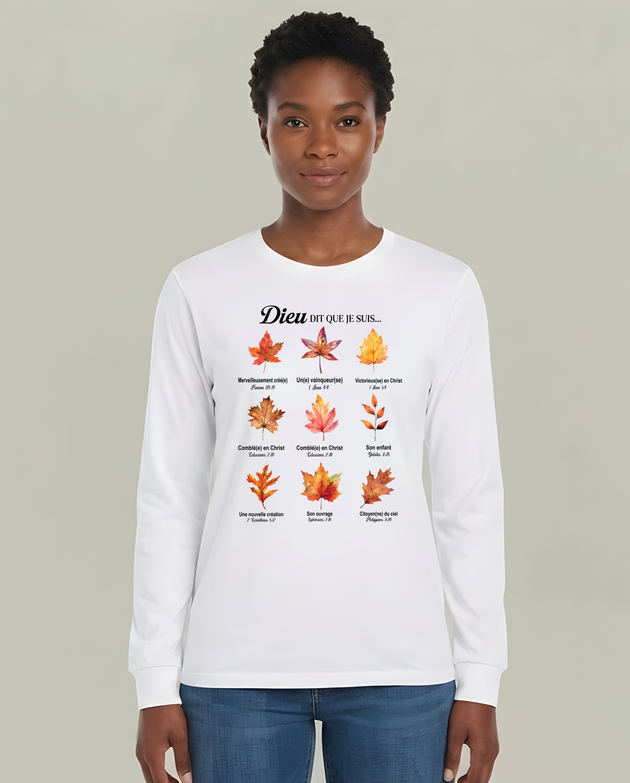 T-shirt blanc à manches longues pour femme avec motifs de feuilles d'automne et versets bibliques.