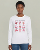 T-shirt blanc manches longues femme avec illustrations de fruits et texte biblique en français.