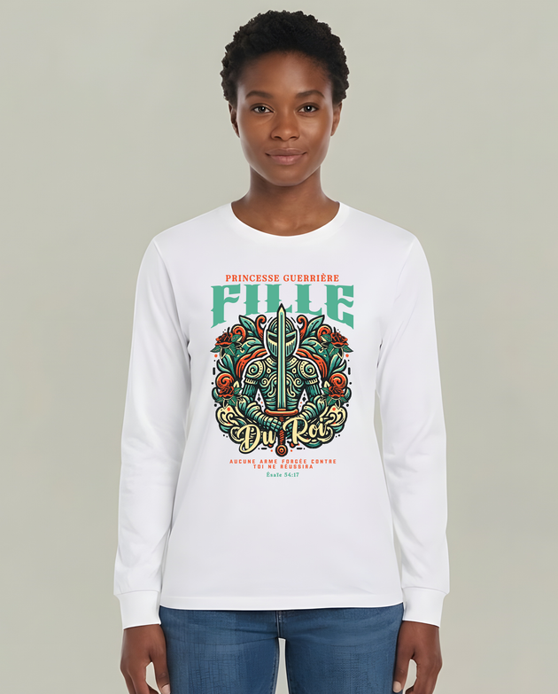 T-shirt blanc à manches longues pour femme avec motif guerrière médiévale et texte Fille du Roi.
