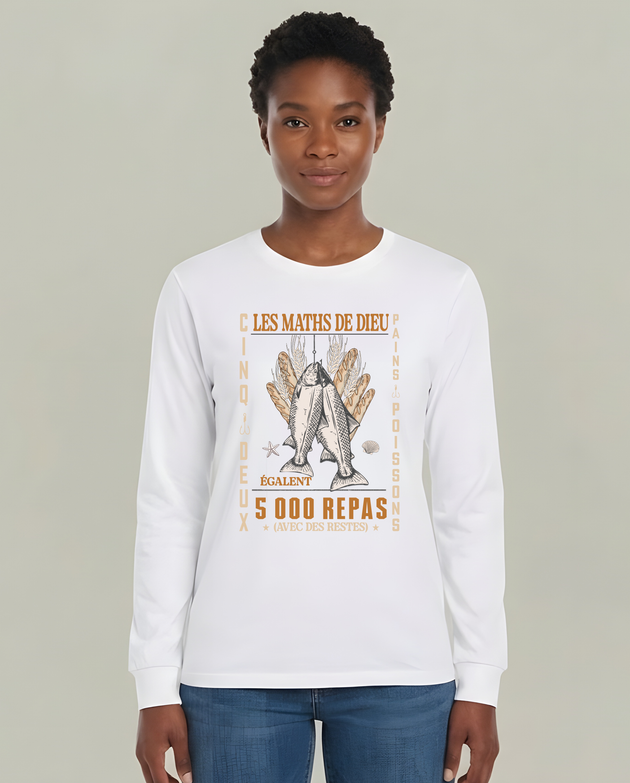 T-shirt blanc à manches longues avec motif vintage "Les Maths de Dieu" et illustration de poissons.