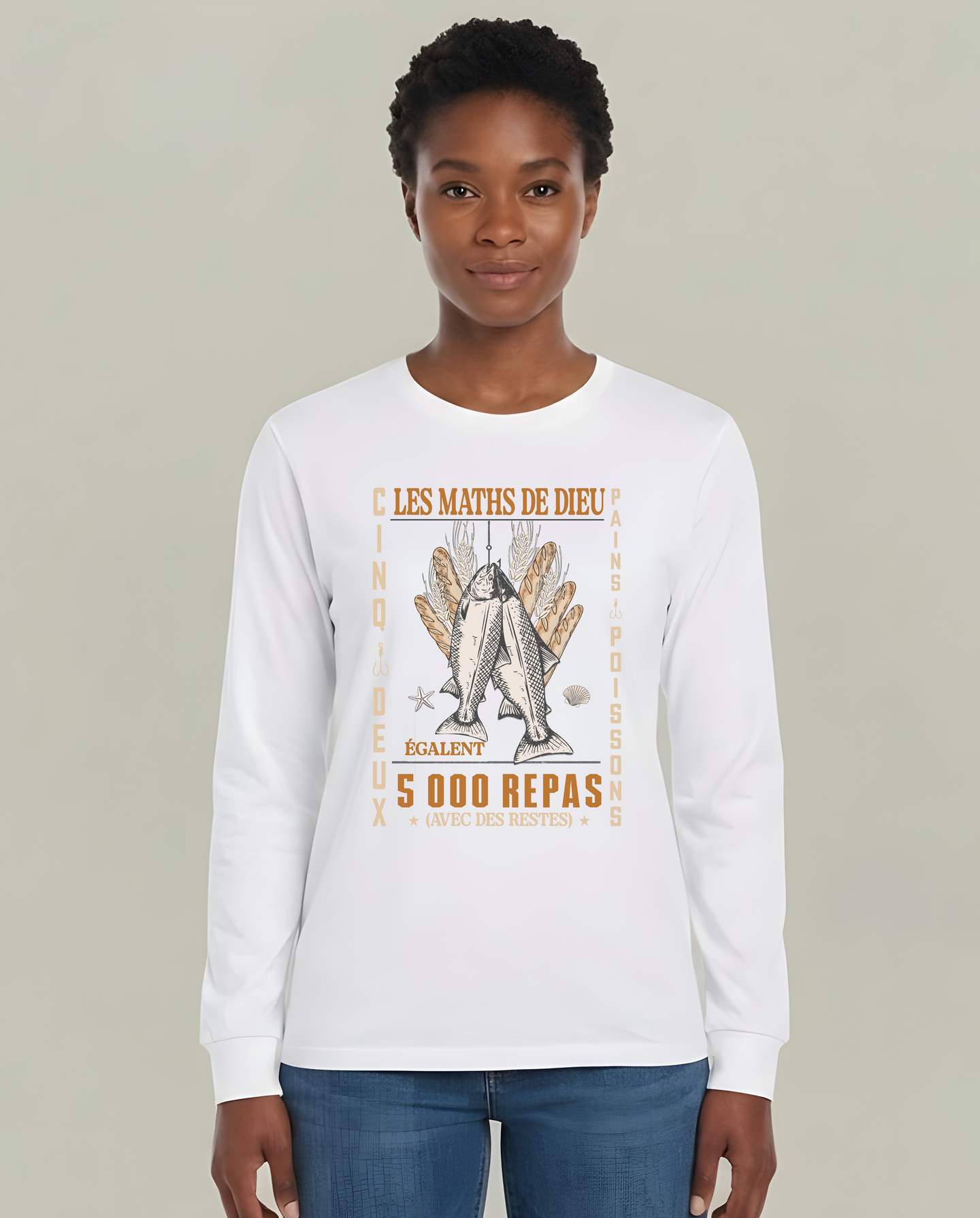 T-shirt blanc à manches longues pour femme avec illustration chrétienne Les Maths de Dieu.
