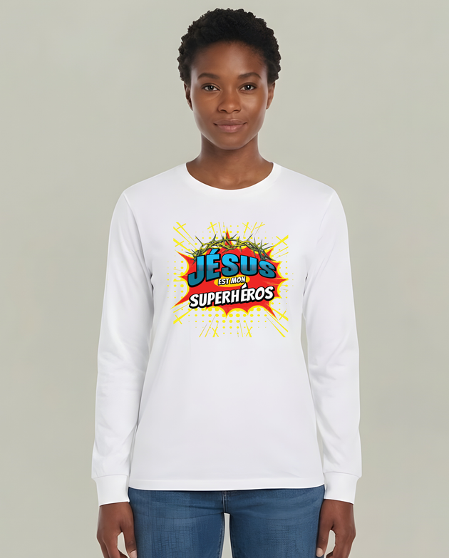 T-shirt blanc manches longues femme avec motif BD Jésus est mon Superhéros.