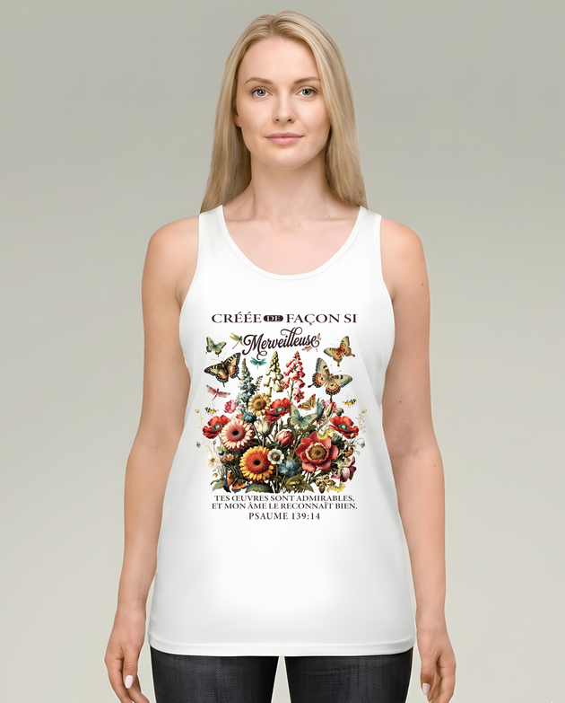 Débardeur blanc pour femme avec fleurs vintage et verset biblique Psaume 139:14 en français.