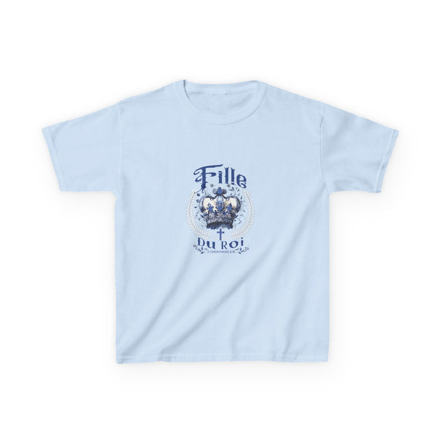 T-shirt bleu clair pour enfant avec couronne et texte 'Fille du Roi' et verset biblique.
