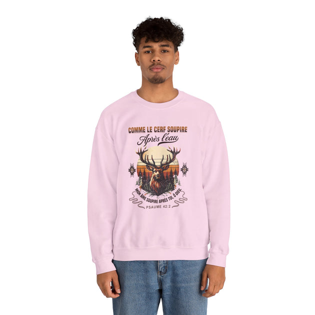 Un homme porte un sweat-shirt rose clair avec une illustration de cerf et un verset biblique.