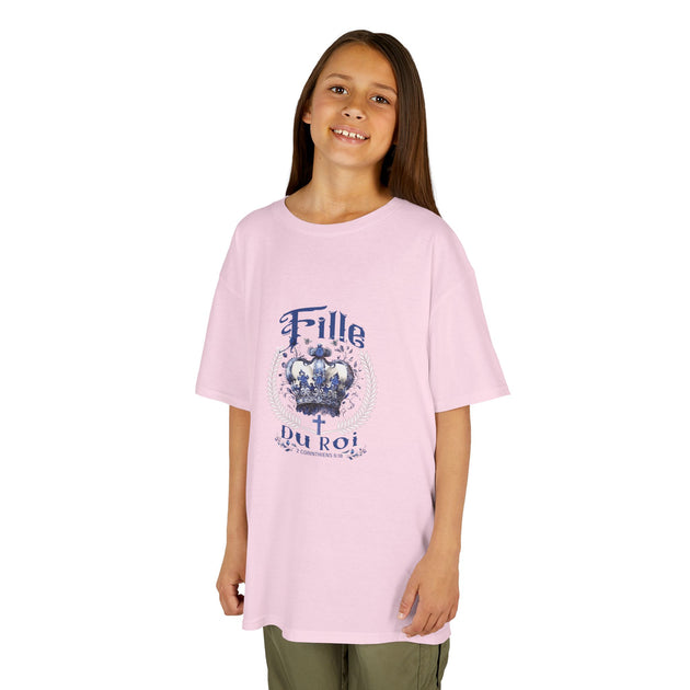 T-shirt rose pour enfant avec couronne bleue et texte Fille du Roi, 2 Corinthiens 6:18.