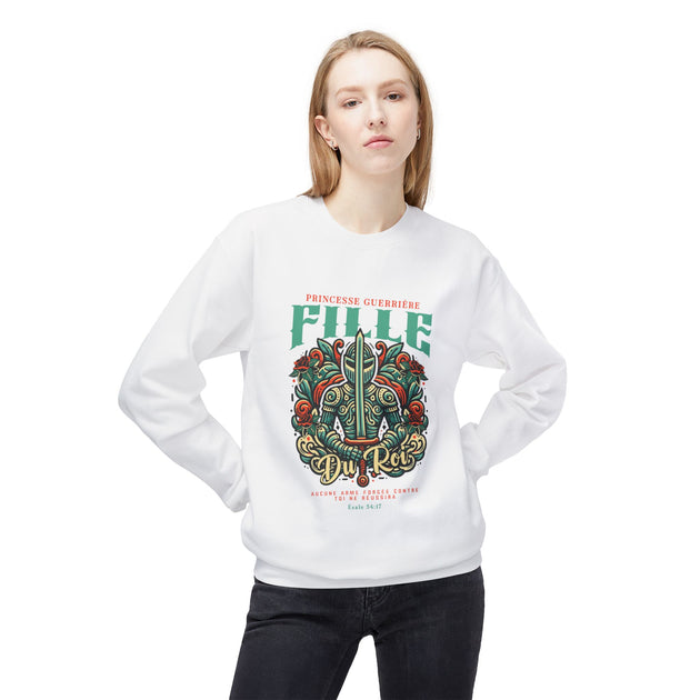 Sweatshirt blanc femme Fille du Roi avec illustration de chevalier et message chrétien.
