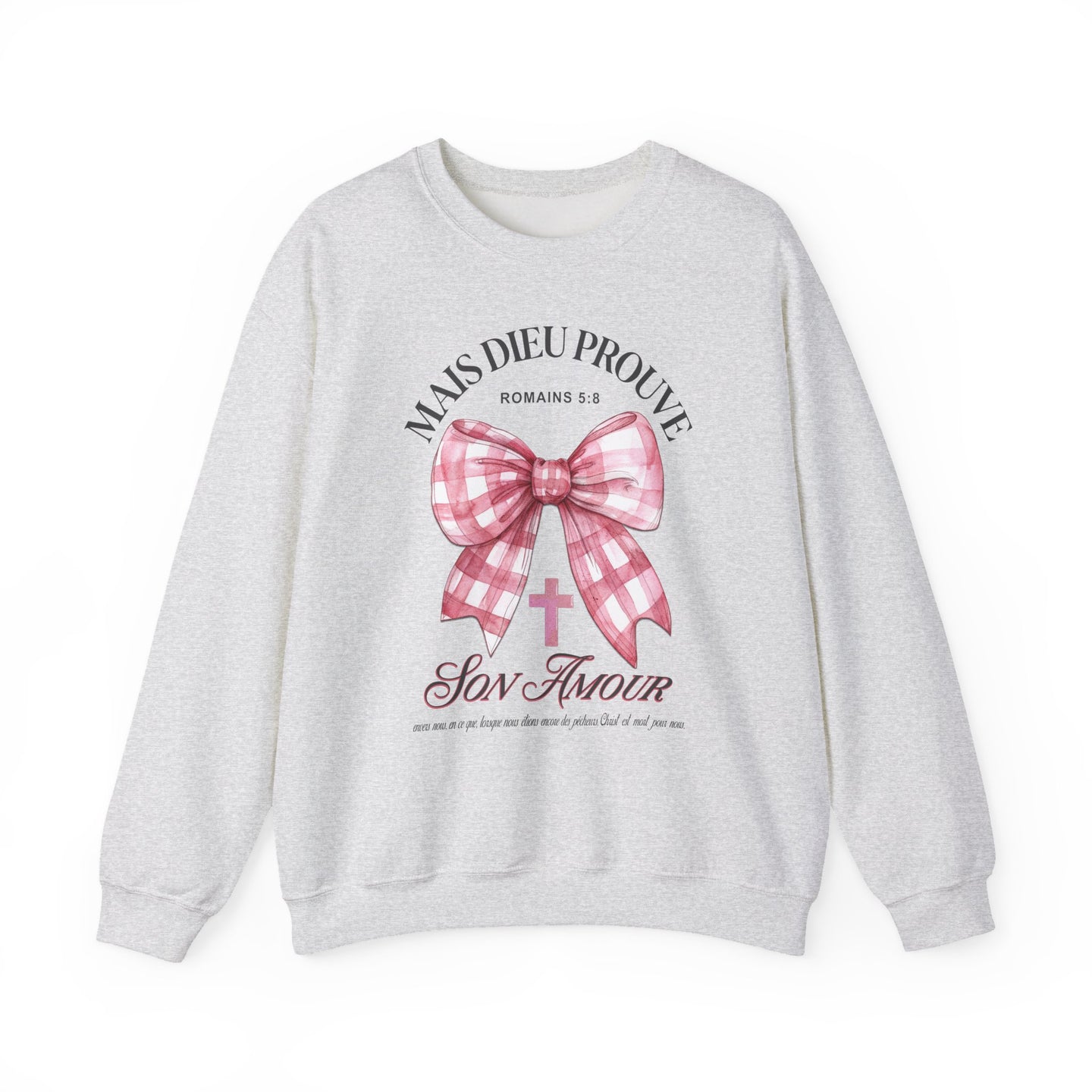 Sweat-shirt gris chiné avec un nœud rose à carreaux et le texte religieux Mais Dieu Prouve Son Amour.