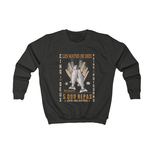 Sweat-shirt noir pour enfant avec une illustration vintage sur le thème biblique des pains et poissons.