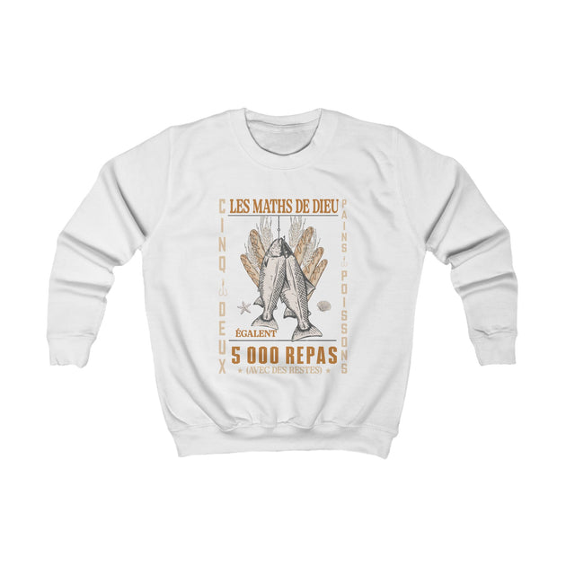 Sweat-shirt blanc pour enfant avec une illustration vintage sur le thème biblique des pains.